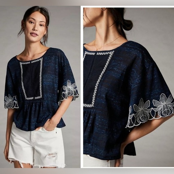 Anthro Pilcro Embroidered Orchid Floral Sleeve Peplum Top Size XS - Picture 1 of 8